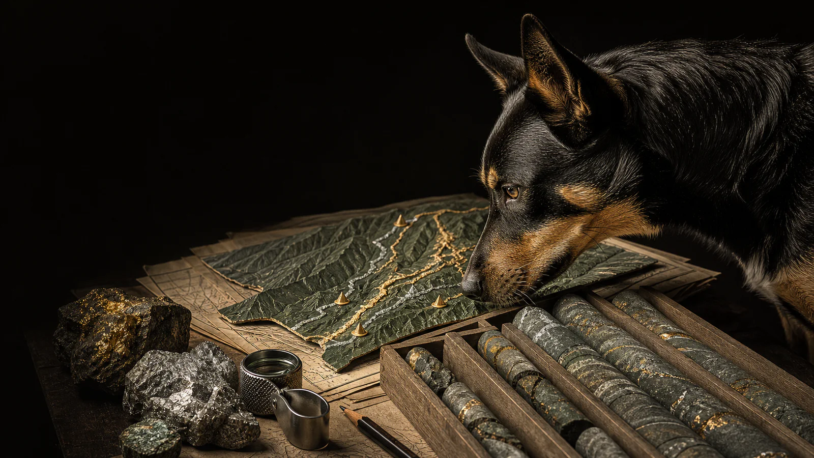 A working dog examines geological cores and a relief map threaded with gold and silver mineral paths.